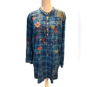 Johnny Was Embroidered Plaid Tunic Shirt Dress size XL